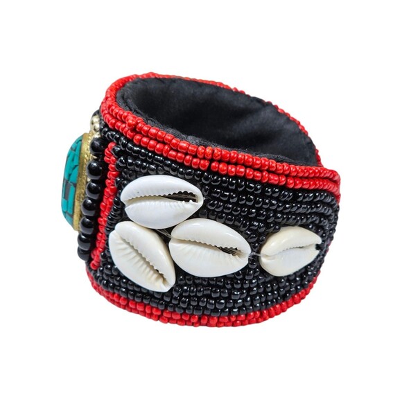 Handmade Beaded Cuff Bracelet Red & Black Seed Beads, Cowrie Shells, Turquoise - Picture 4 of 5